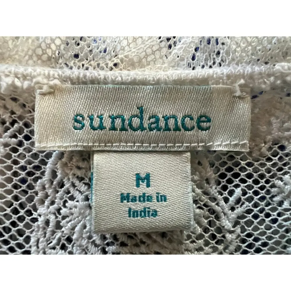 SUNDANCE WOMENS TOP SZ MEDIUM LACE DETAIL RUFFLED  COTTON BLEND WHITE BLUE BOHO - Picture 3 of 11
